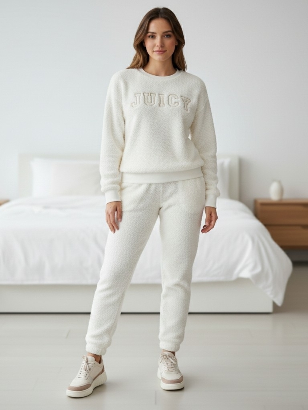 Juicy Couture Cream Plush Crewneck & Jogger Lounge Set